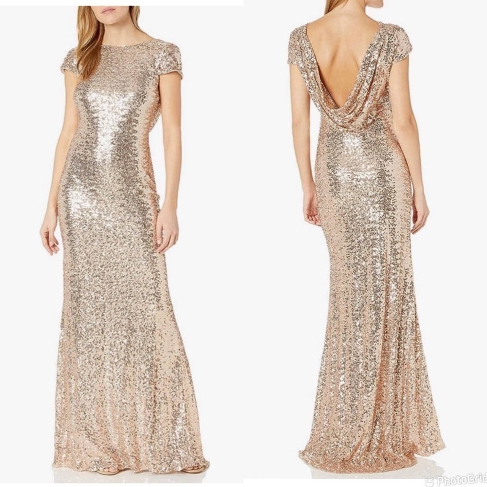 Badgley Mischka Cap-sleeve Sequin Cowl Back Gown